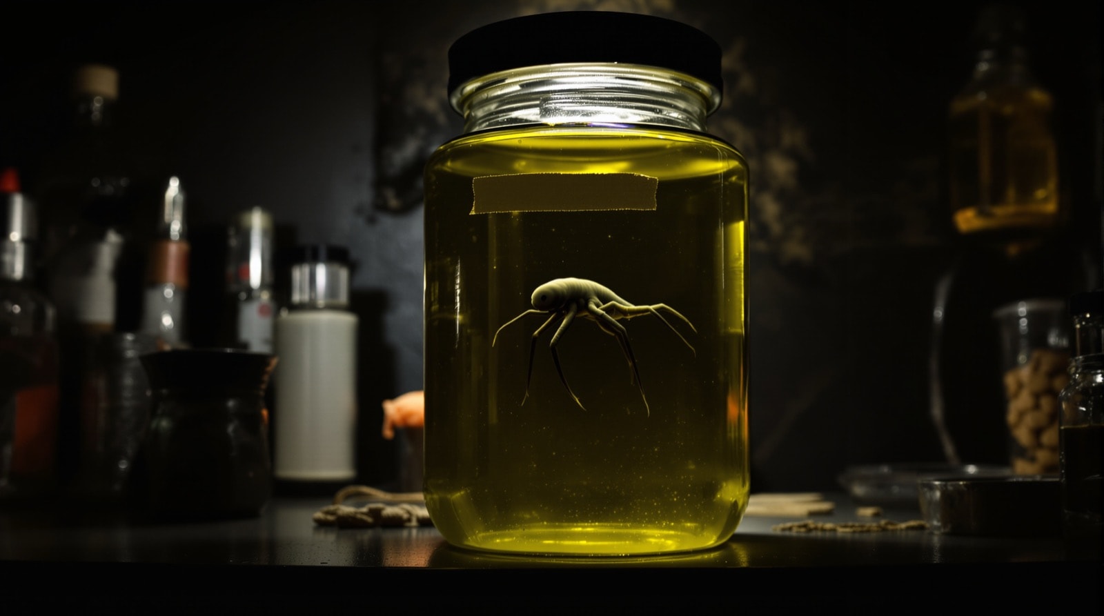 A grey specimen creature suspended in murky yellow-green fluid in a labelled glass jar