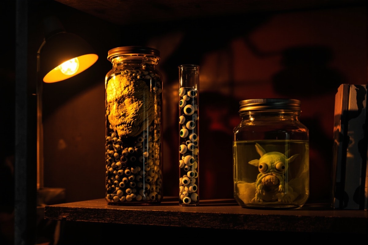 A specimen shelf holding a head in a jar, an eyeball tube and an alien specimen