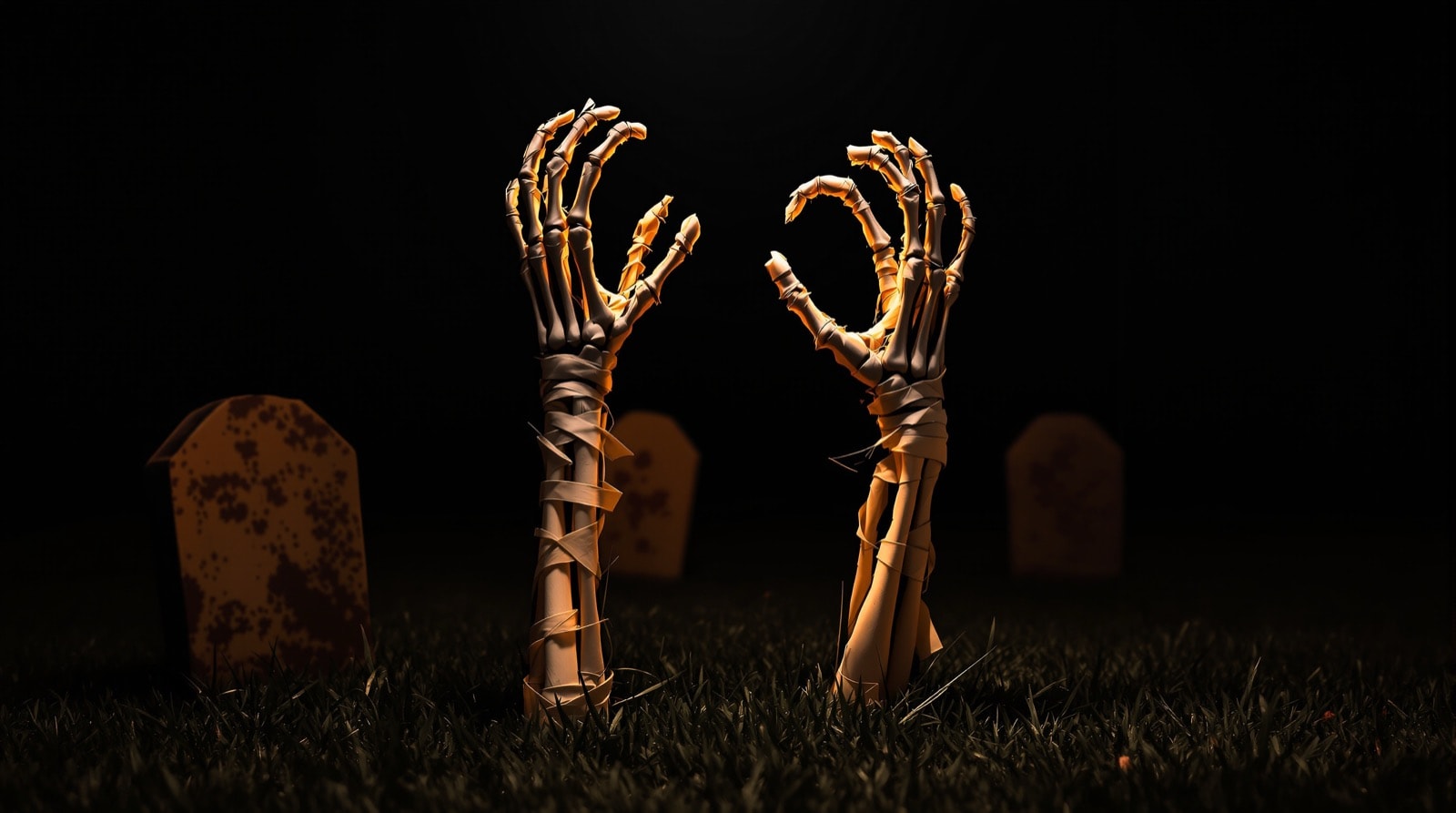 Tape-wrapped zombie arms rising from a dark lawn in front of tombstones