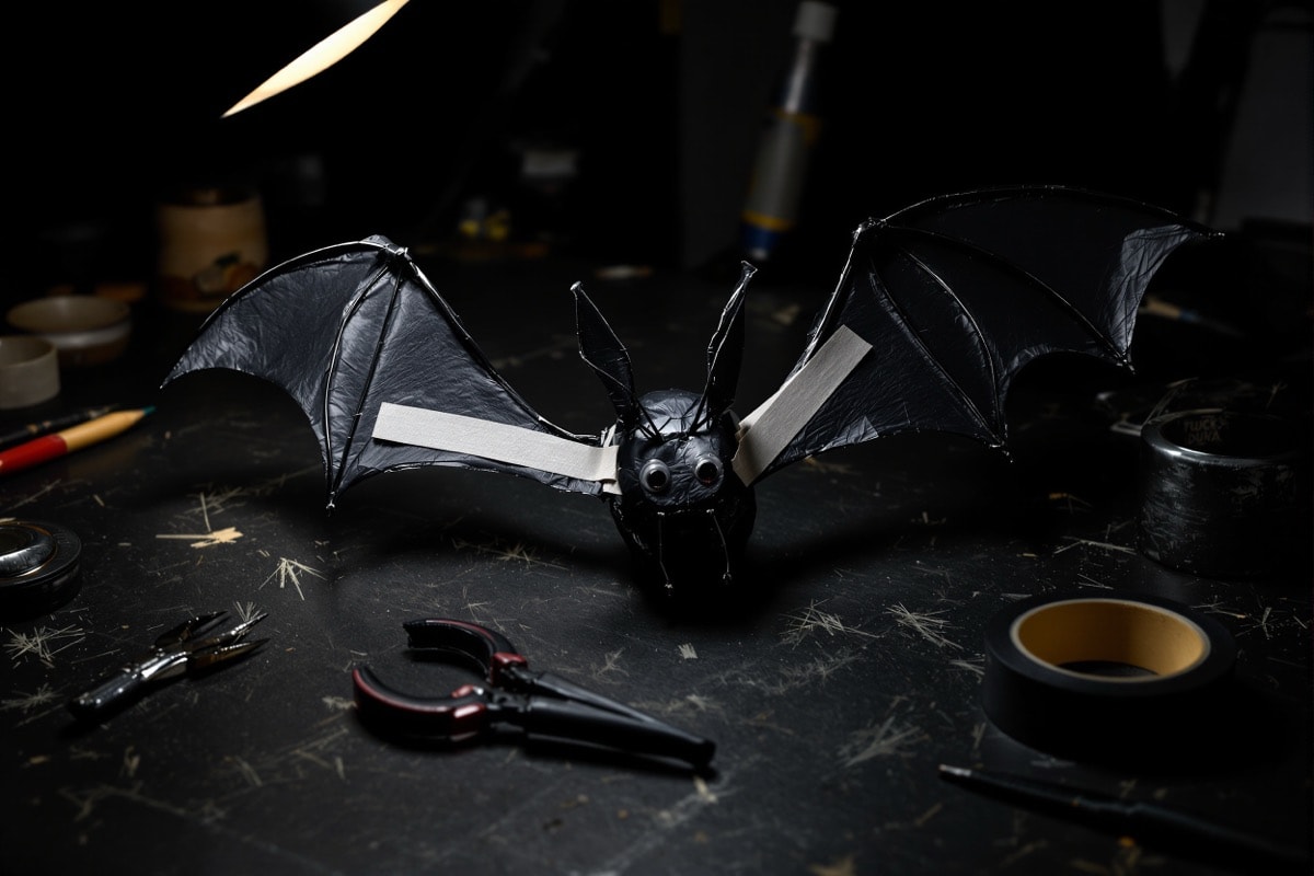 A bat wire armature with the wings bent and a wooden slat taped across the back