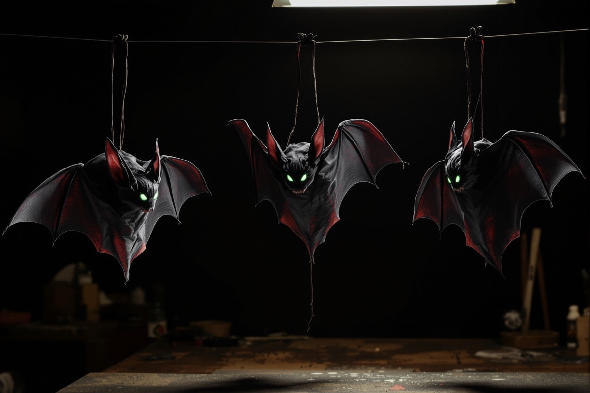 Three finished bat props hanging at different heights with faintly glowing eyes