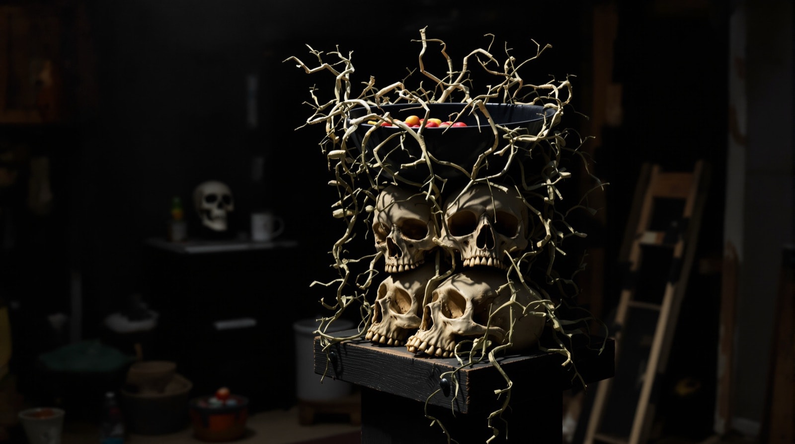 A stacked-skull candy pedestal with a black-lined bowl on a dark porch