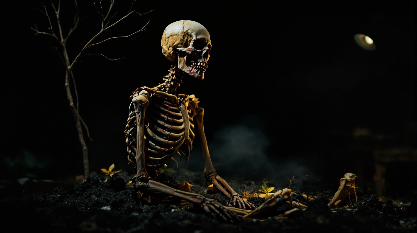 A tissue-and-glue corpsed skeleton posed rising from the ground at night