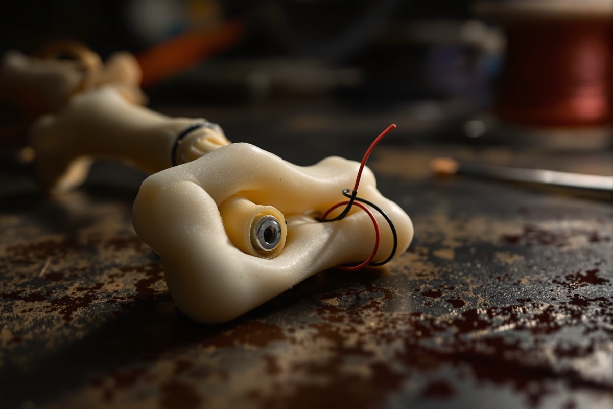 A rebuilt skeleton joint with a glue-stick plug, eyelets and wrapped wire