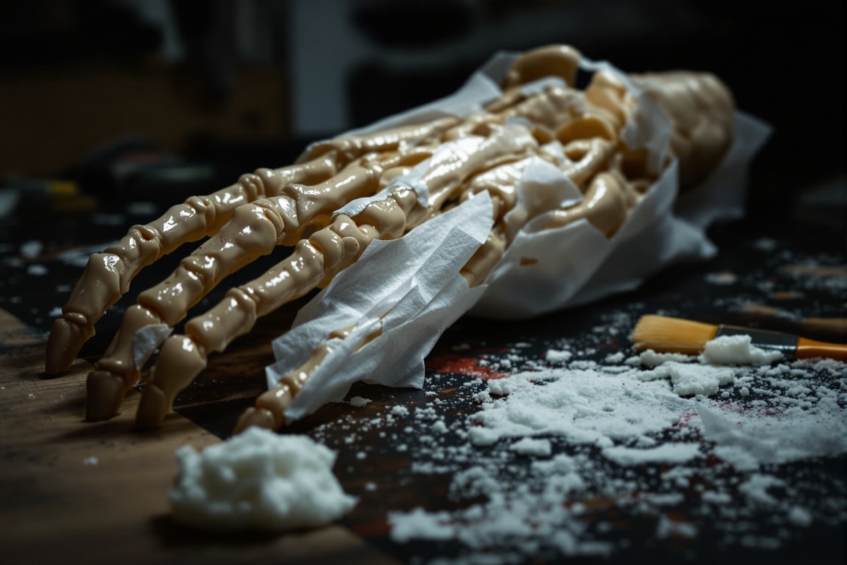 A skeleton arm being skinned with single-ply tissue laid into wet wood glue
