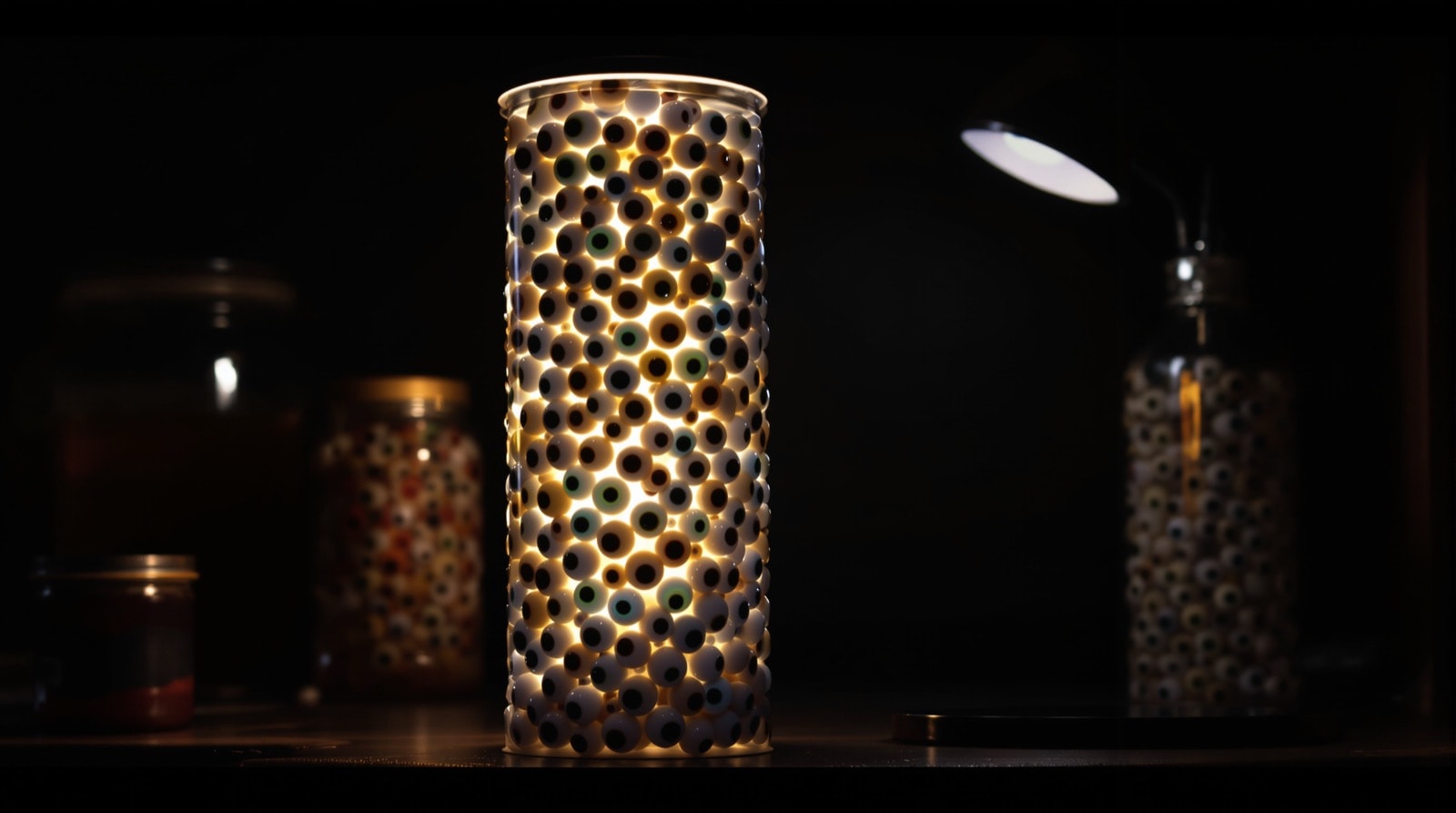 A clear tube apparently packed with eyeballs, backlit on a dark shelf