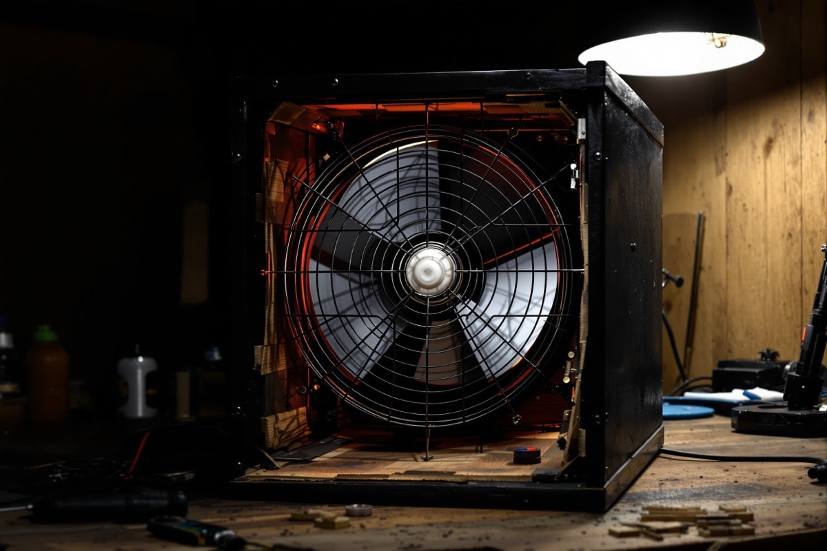 Inside a flame box: the upward-blowing fan, taped metal deflectors and the wire bulb cage