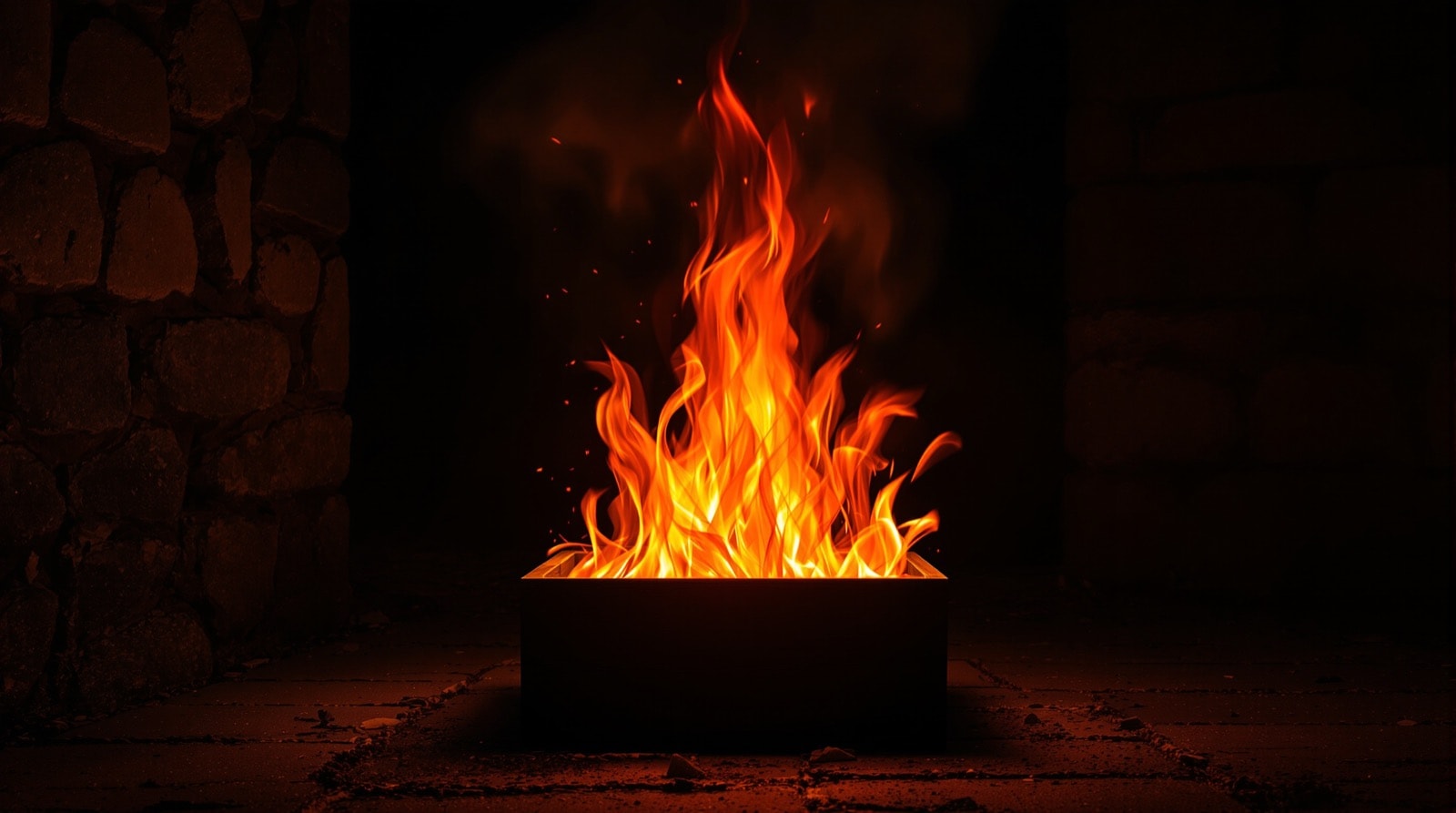 A flame box prop at night with lit fabric flames flying upward from a black housing