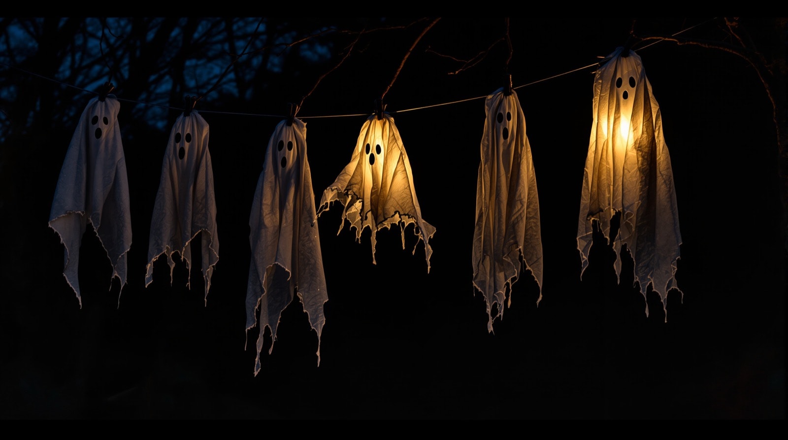 Cheesecloth ghosts hanging at different heights among bare branches at night