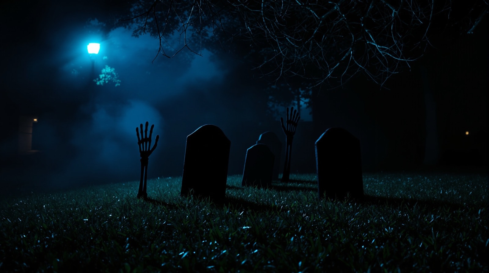 A home-haunt front-yard graveyard at night lit by a single low coloured floodlight