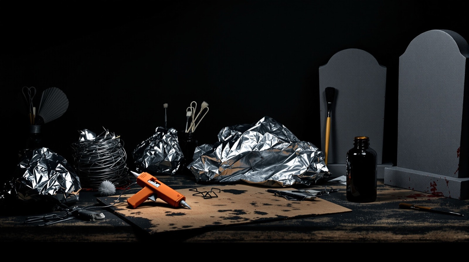 A home-haunt workbench with a glue gun, coathanger wire, foil and a half-finished foam tombstone