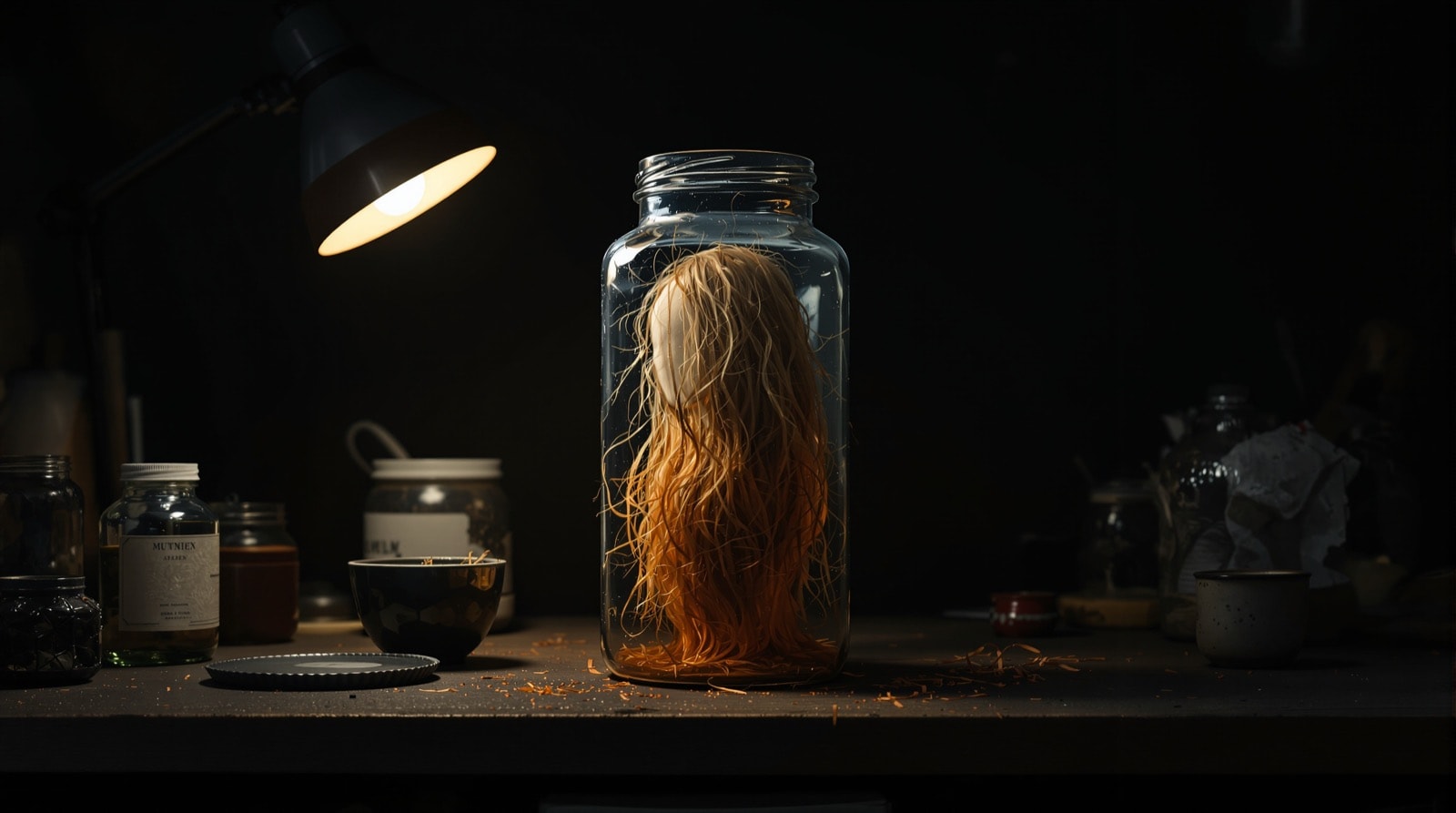 A head-in-a-jar prop lit from the side on a dark shelf, the face distorted by cheap glass