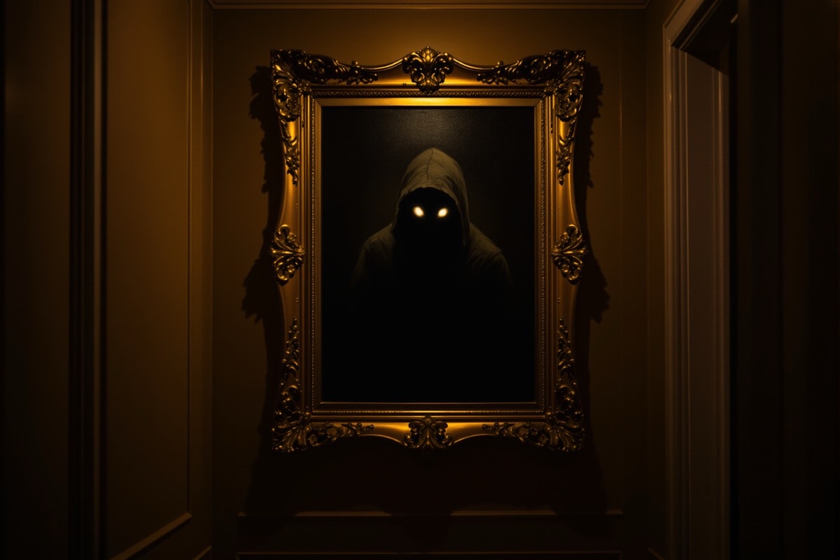 A haunted portrait hung above eye level at the end of a dim hallway, lit low from one side
