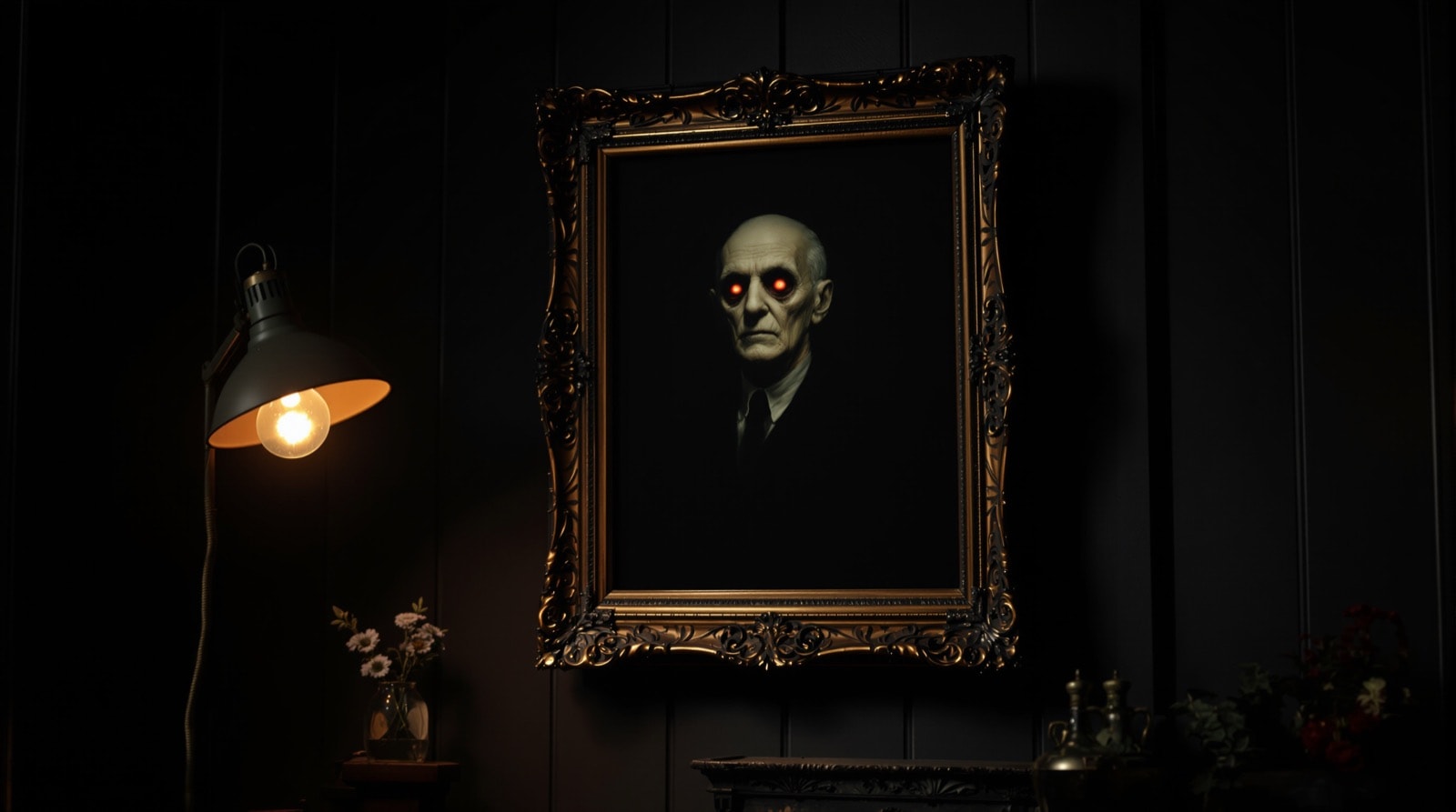 A haunted portrait prop in an ornate frame on a dark wall, the eyes catching the light