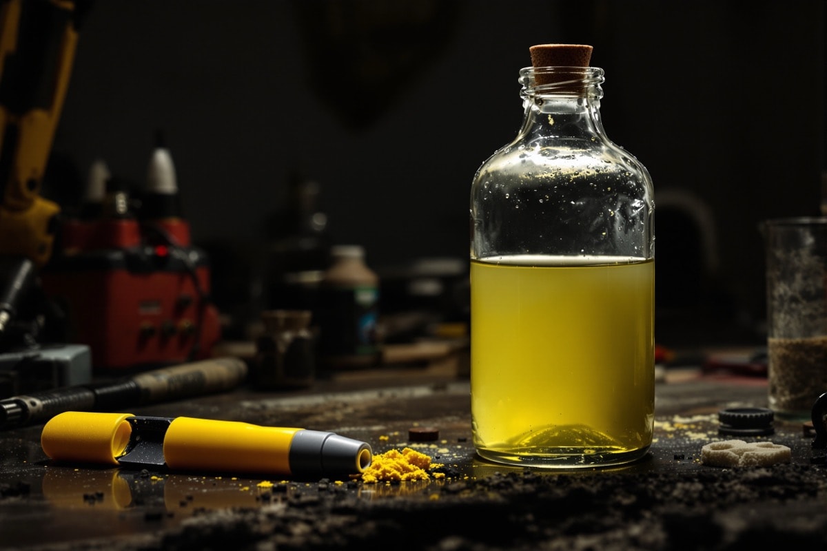 A potion bottle in ordinary light beside a dismantled highlighter and its ink sponge