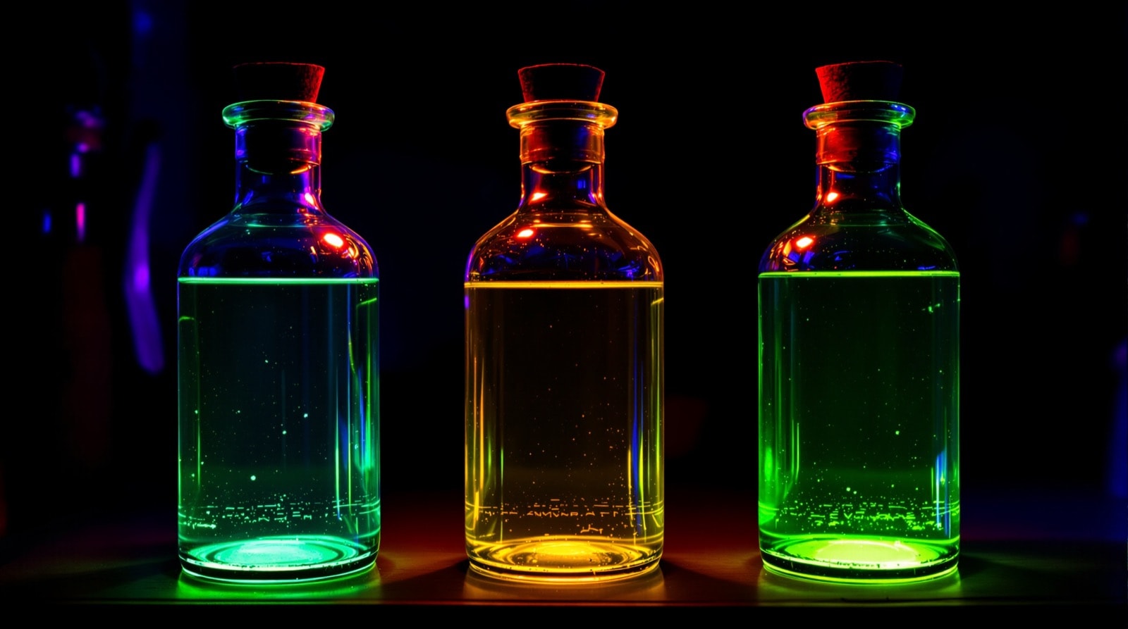 Three glass bottles of glowing green potion under a blacklight on a dark shelf