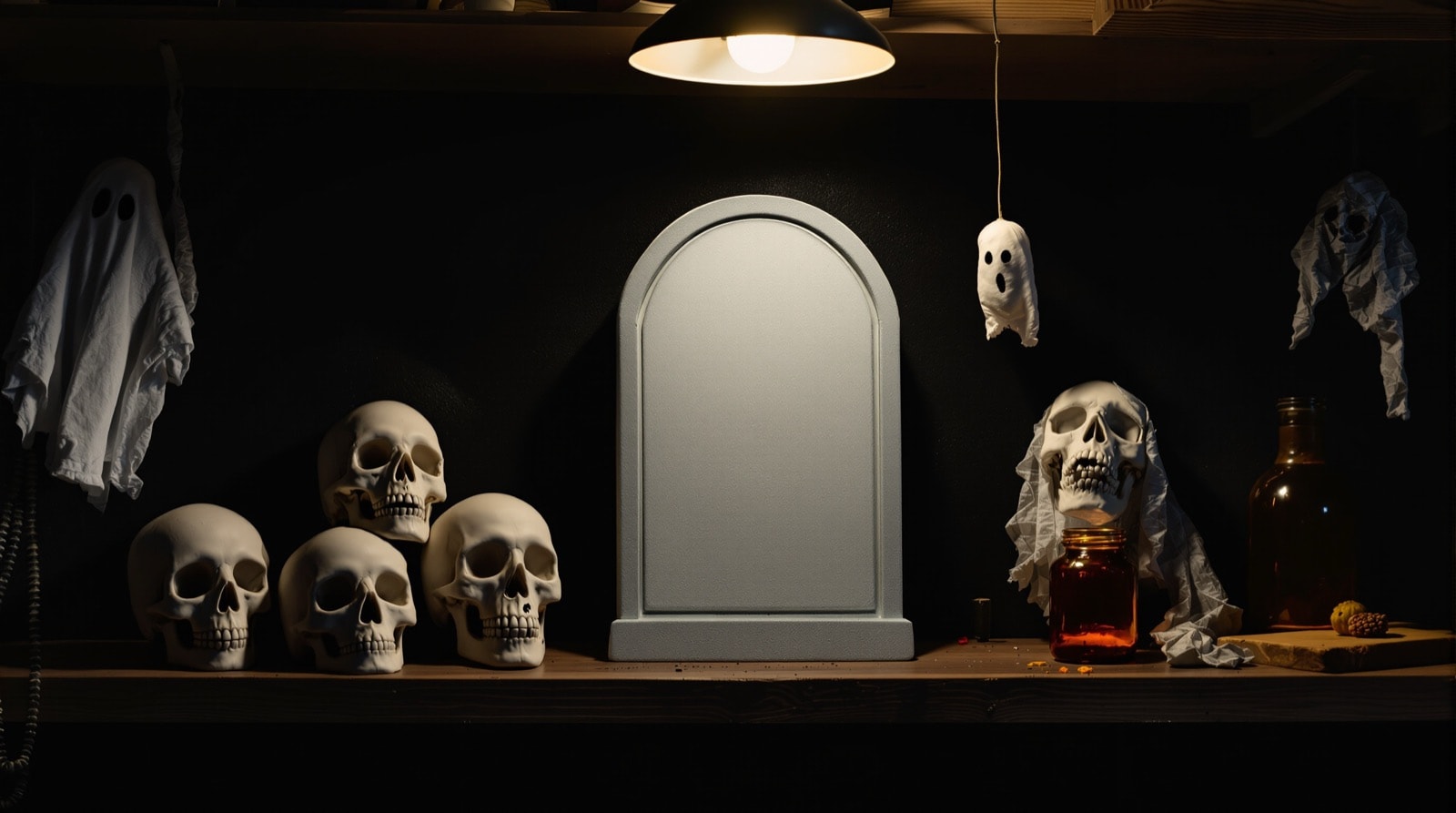 A shelf of finished Halloween props: skulls, a tombstone, a hanging ghost and a glowing jar
