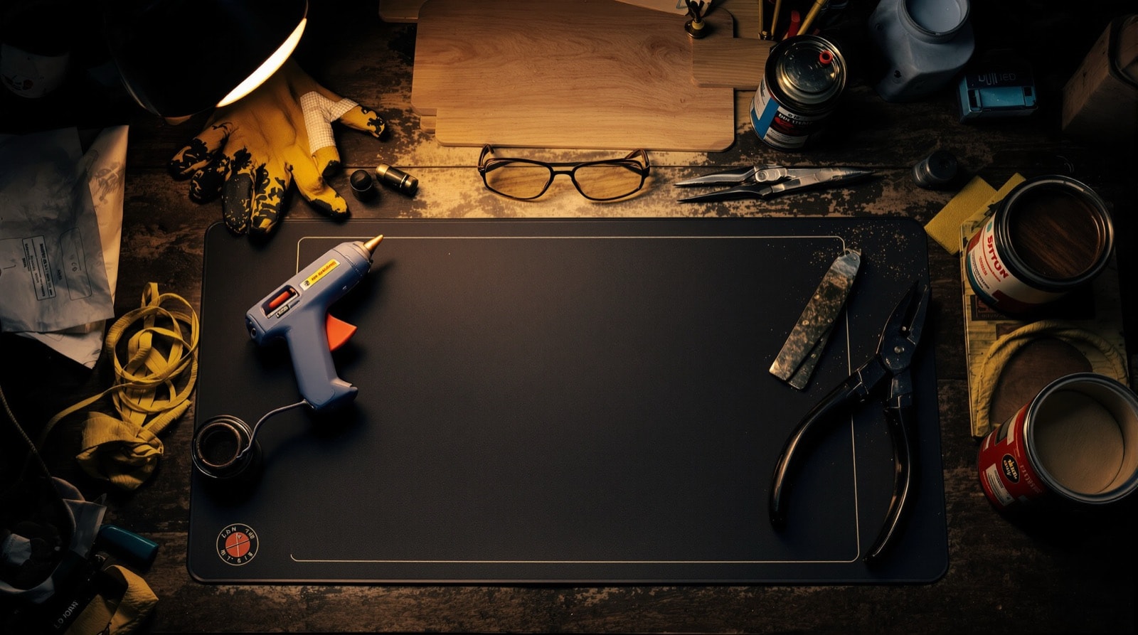 A prop-building bench laid out safely: unplugged glue gun on a mat, safety glasses, gloves, pliers and taped metal edges