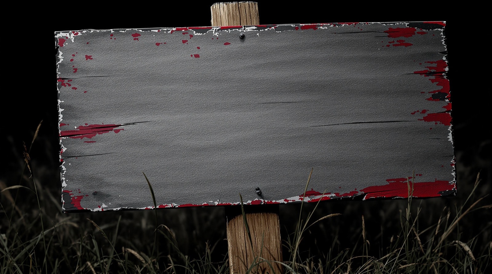 A hand-painted sign on a leaning post, finished to look like rotten weathered timber