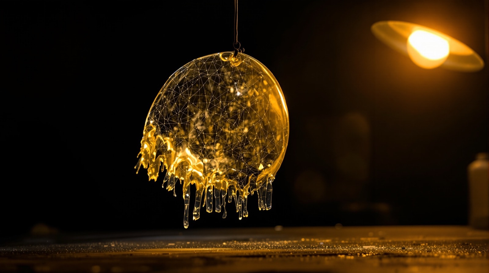 A translucent hot-glue skin membrane mask hanging backlit in a dark room