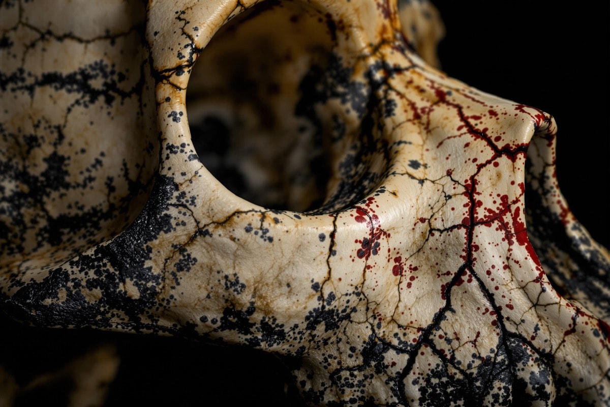 Close-up of the finished aged bone texture with ink in the recesses