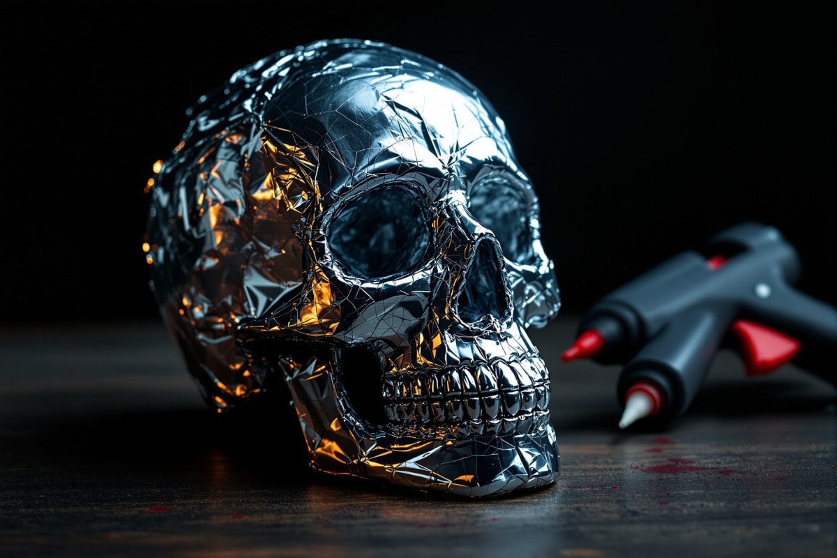 A foil-covered skull half built up with a textured hot glue shell