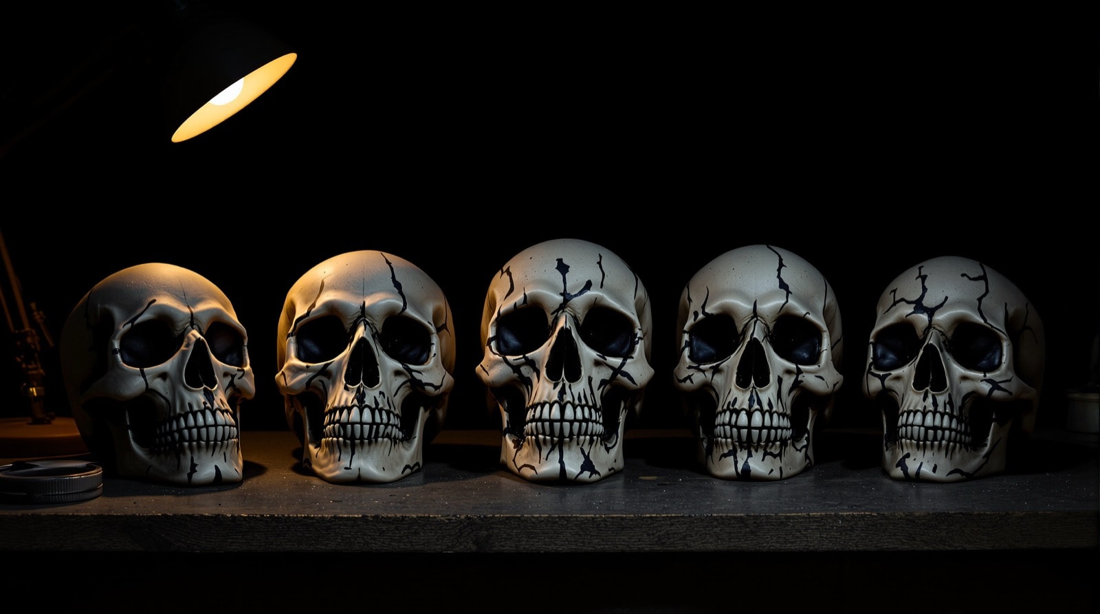 A row of five finished hot-glue cast skulls in aged bone finish