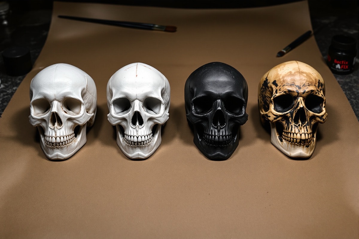 Four cast skulls shown at the four painting stages from clear glue to aged bone