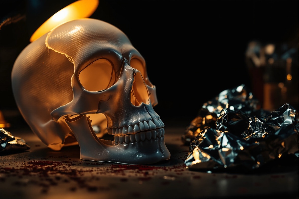 A hot glue skull shell spread open beside its master and the removed foil