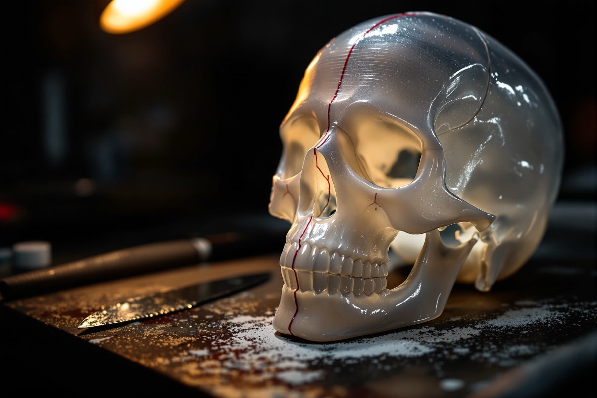 A hot glue skull shell marked with the release seam line up the back centreline