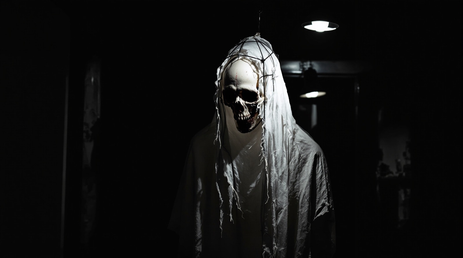 A cheesecloth spectre with a skull inside it hanging in front of a dark window