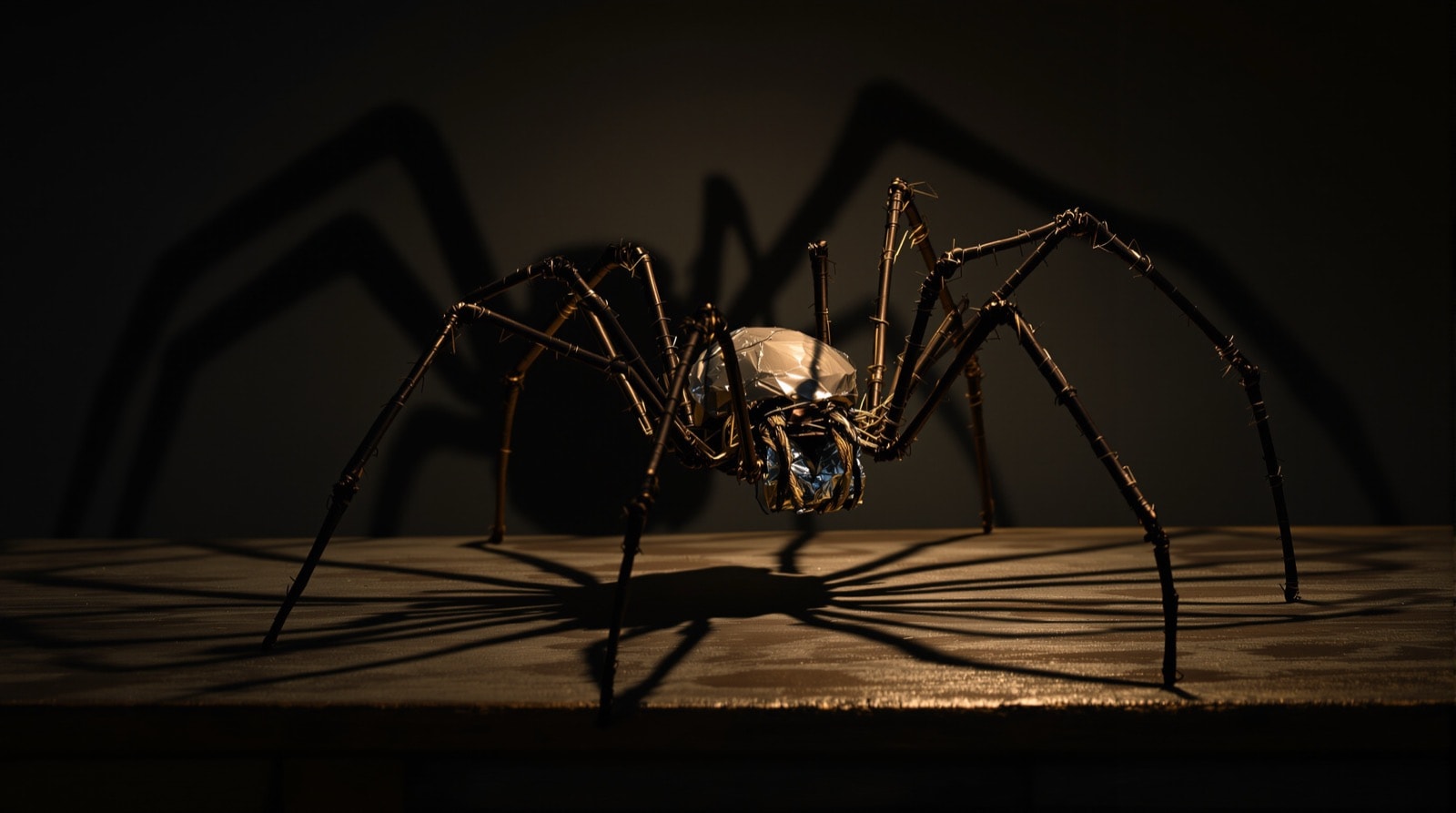 A large wire and foil spider prop casting a huge shadow on the wall behind it