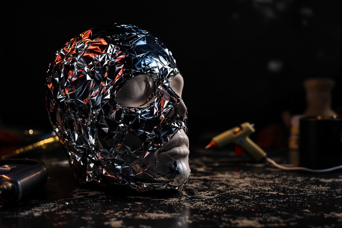 Foil pressed over a face form, half of it skimmed with a thin coat of hot glue