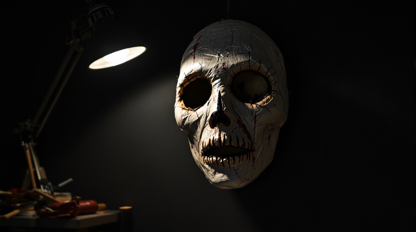 A foil and glue face shell with the eyes and mouth stitched shut, hanging on a dark wall